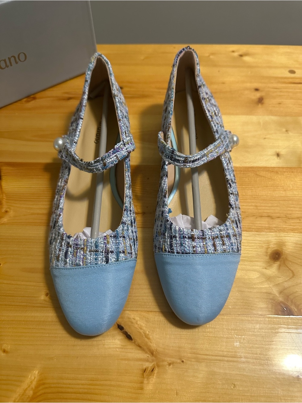 Light Blue Tweed Mary Jane Flats with Pearl Accent